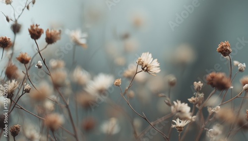 Close-Up of Dried Wildflowers with Muted Colors and Delicate Textures, Creating a Dreamy Ethereal Atmosphere with Soft Focus and Minimalist Elegance

