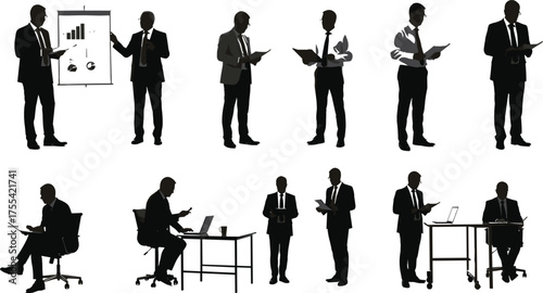 Businessmen silhouettes working in office, discussing reports, analyzing charts, corporate meeting, teamwork collaboration, communication and productivity concept vector illustration design