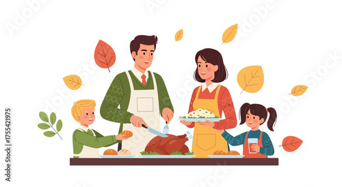 Family Gathering Around The Table Preparing a Thanksgiving Meal in a Cozy Fall Setting