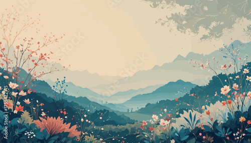 landscape, mountains, mountain, sky, nature, sunset, vector, fog, snow, sun, sunrise, cloud, illustration, peak, clouds