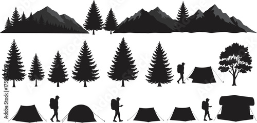 Camping and hiking silhouette vector set, mountains trees tents and backpackers, outdoor adventure illustration, nature travel elements for wilderness exploration designs