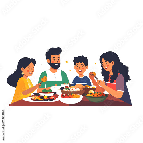 Happy Family Enjoying Meal Together at Home with Colorful Dishes in Bright Interior Setting and Smiling Parents with Two Children