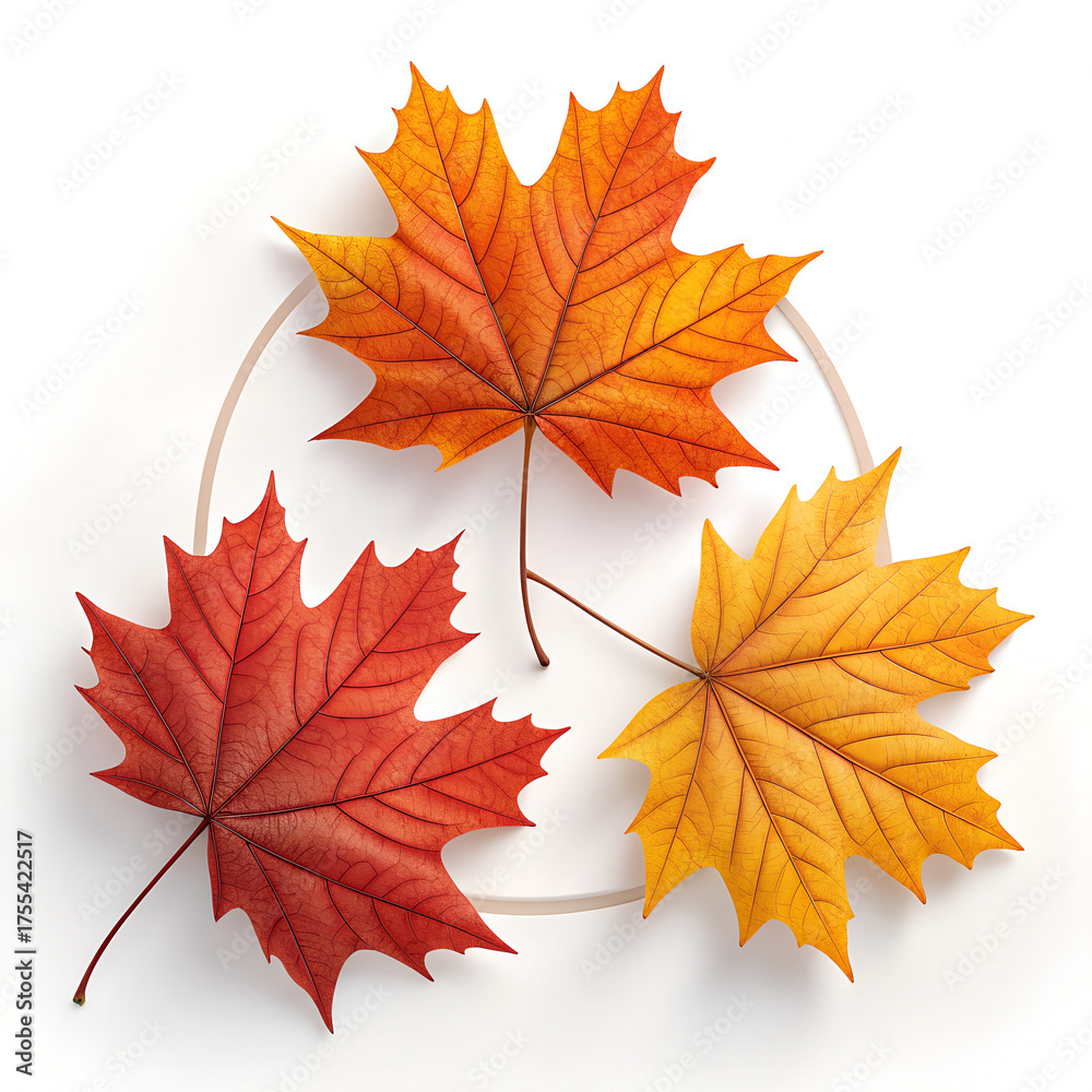 Fototapeta premium Autumnal Trio: Three vibrant maple leaves showcase the rich palette of autumn, connected by a delicate circle. A celebration of nature's artistry.