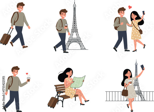 Paris travel, romantic couple, Eiffel Tower, sightseeing, coffee, selfie, map reading, heart symbol, tourism, love, vacation, cartoon style, illustration, bench, backpack, joyful moment