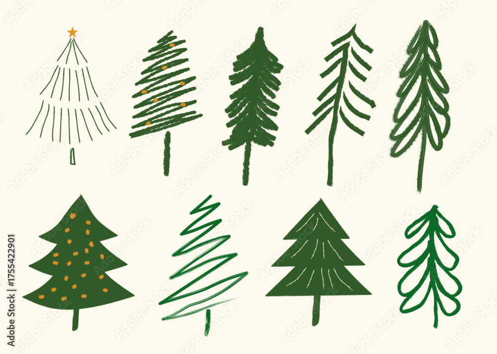 Obraz premium A festive set of doodle Christmas trees, perfect for your winter holiday decoration and new year celebration pattern illustration