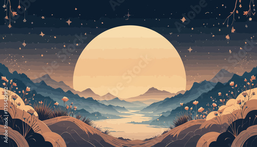 landscape, mountains, mountain, sky, nature, sunset, vector, fog, snow, sun, sunrise, cloud, illustration, peak, clouds