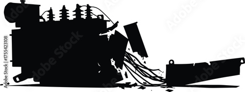 Damaged electric power transformer silhouette with broken parts, exposed wires, and debris, black and white minimalist vector illustration for industrial energy failure concept design