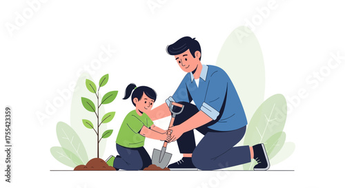Father And Daughter Planting Together, Cultivating Nature, Demonstrating Family Bond And Care