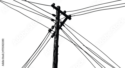 Detailed illustration of electric utility pole with multiple power lines, vintage black and white vector drawing, electricity transmission concept, energy infrastructure artwork design
