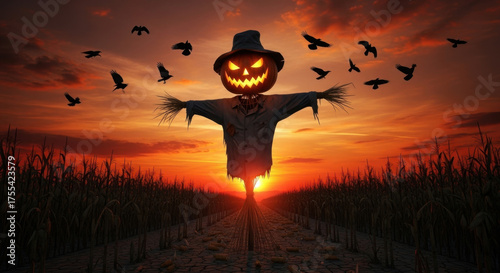 Halloween wheat field scarecrow