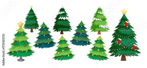 Set of Various Decorated Christmas Trees with Lights, Snow, and Star Toppers