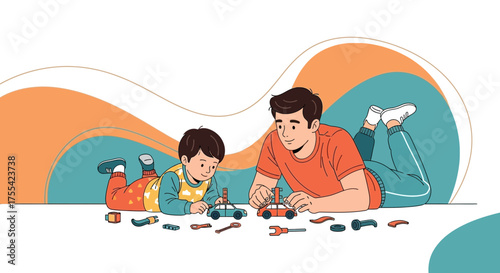 Father And Son Enjoy Time Together Playing With Toy Cars Bonding And Building