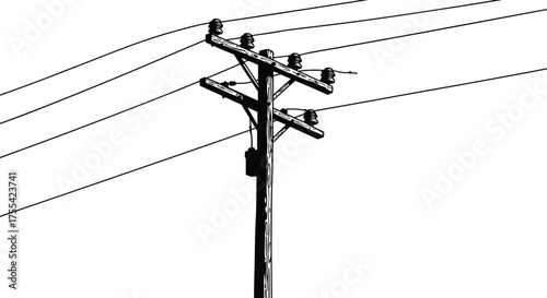 Detailed silhouette illustration of electric utility pole with insulators and power lines, black and white vector design of energy transmission and infrastructure concept