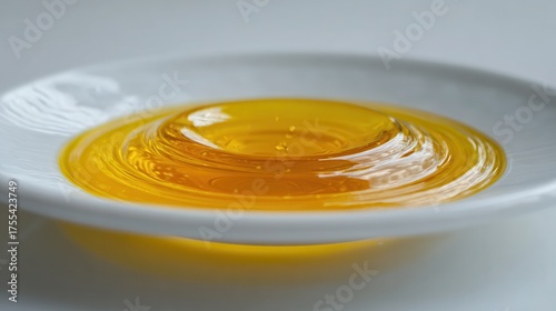 Golden Honey Droplets on White Plate with Smooth Surface Texture