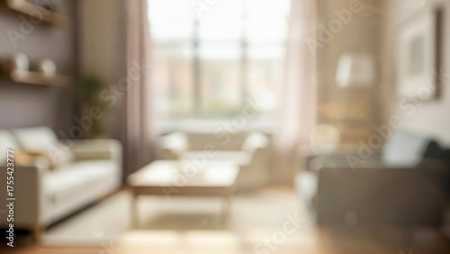 Blurred interior view of a cozy living room with soft lighting, modern sofas, a wooden table, and a bright window creating a calm, warm, and homely atmosphere