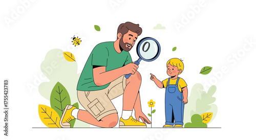 Father And Son Exploring Nature Together, Discovering New Things And Enjoying The Moment