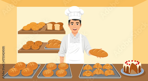 Baker presenting bread in a bakery shop showcasing fresh baked goods and pastries
