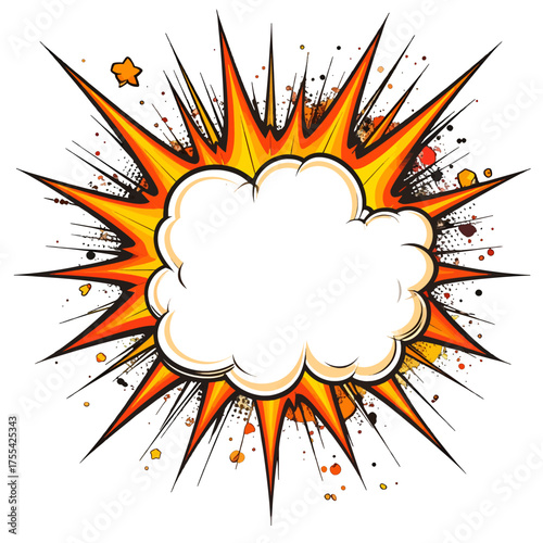 Comic Book Style Explosion with Yellow Orange Sparks and White Cloud Burst on White Background in Pop Art Style Suitable for Graphic Design