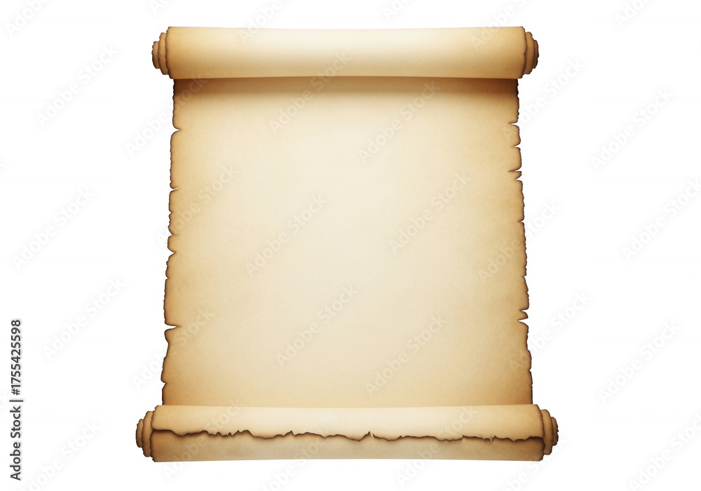 Fototapeta premium Aged parchment scroll unfurled isolated on a transparent background