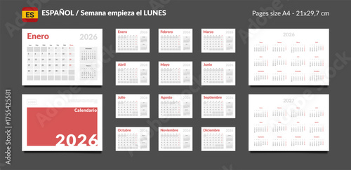 2026 Spanish language Calendar Planner Set of Template Monthly Page, Cover with Place for Photo, Company Logo, Annual 2026-2027. Vector layout wall or desk calendar with week start Monday. Pages A4