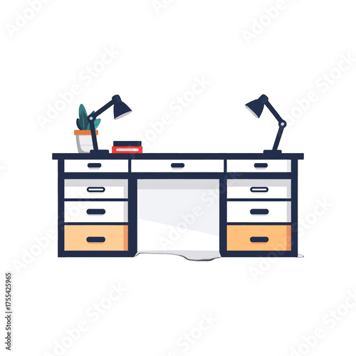 Pixelated Desk With Lamps Plant and Books On White Background Minimalist Workplace Concept