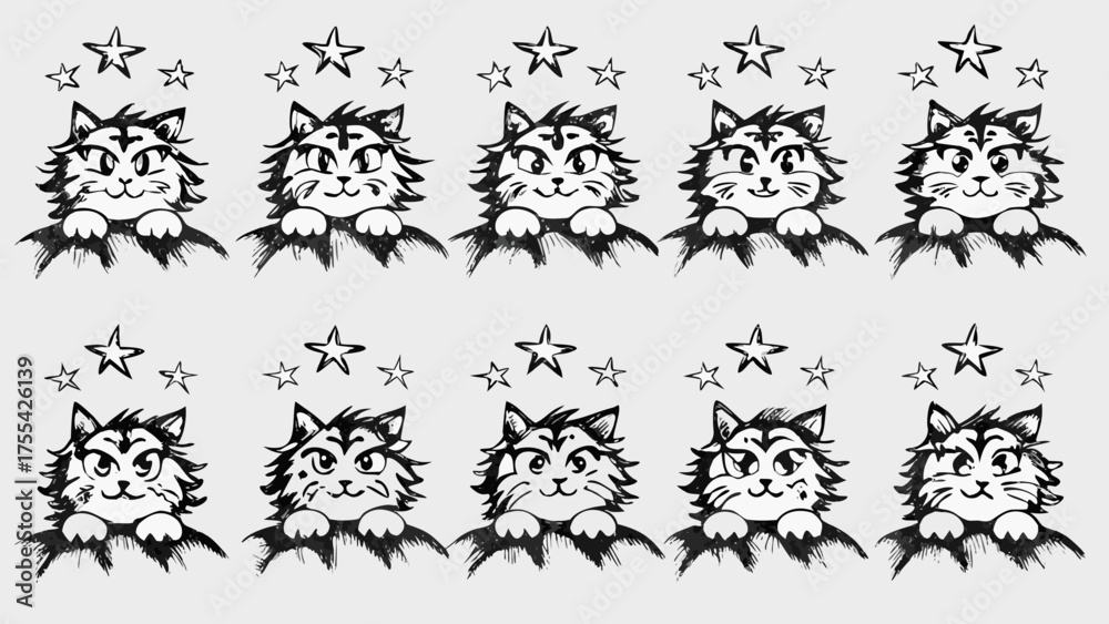 Obraz premium Whimsical hand-drawn cats with stars pattern, perfect for children's decor or playful designs, cute and fun repeat