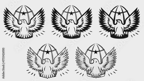 Elegant dove icons with spread wings inside globe cages symbolizes freedom and hope, perfect for logos emblems