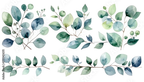 Watercolor Eucalyptus Branches and Leaves Collection - Botanical Illustration.