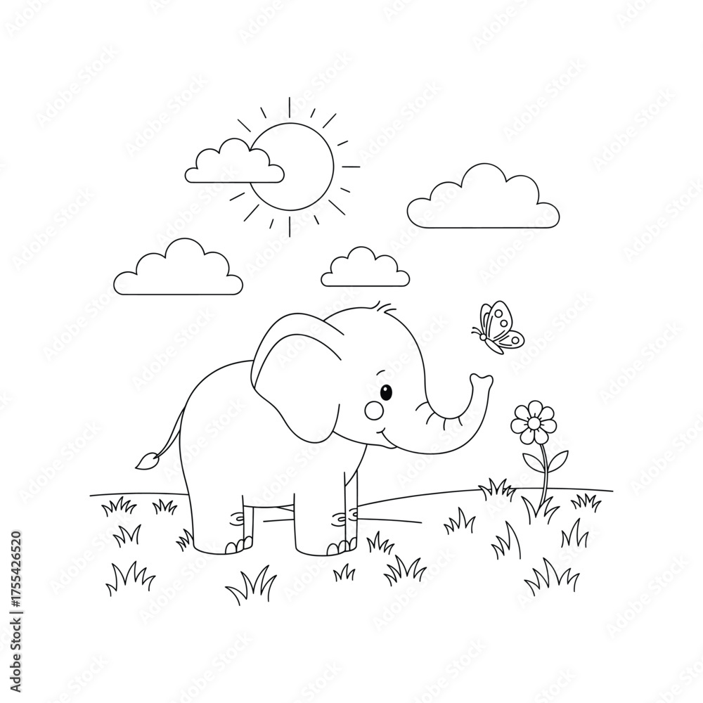 Fototapeta premium Cartoon Elephant and Butterfly in a Sunny Meadow Coloring Page outline