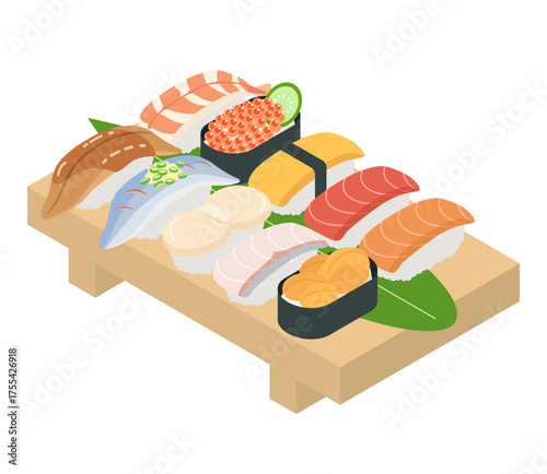 色々なお寿司セットのイラスト　ベクター
