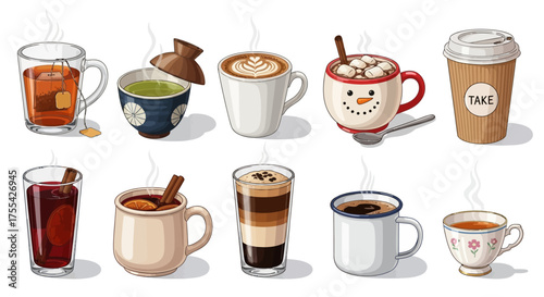 Delicious array of steaming hot drinks including classic teas, artisanal coffees, and seasonal treats, served in various mugs