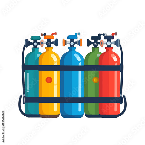 Colorful Oxygen Tanks in a Row with Blue Rack Flat Vector Illustration