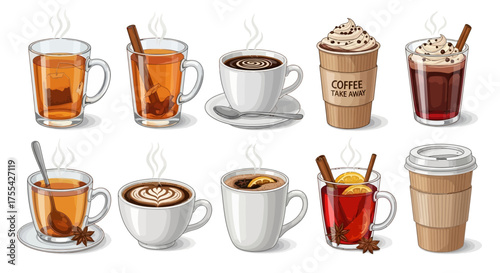 A delightful whisk of warm beverages, including assorted teas, rich coffees, and spiced seasonal drinks, perfect for cozy moments and chilly weather