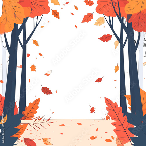 Autumn Forest Scenery with Falling Orange Leaves Frame on White Background and Tree Silhouettes in Tranquil Landscape Illustration