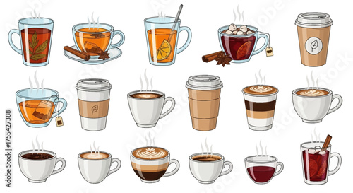 Diverse Collection of Hot Beverages Tea, Coffee, and Mulled Wine