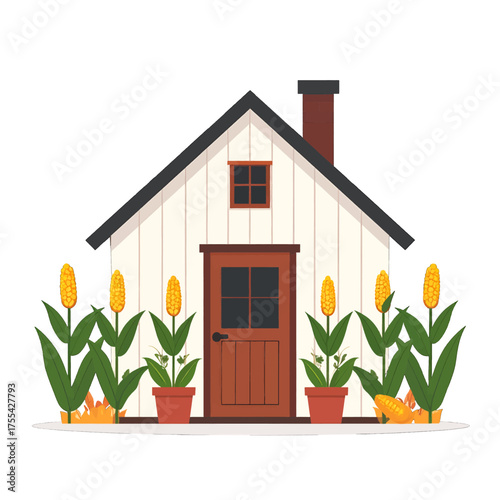 Charming White Cottage with Blooming Yellow Plants in Brown Pots Against a Pure White Background