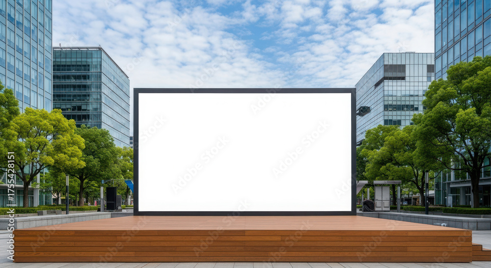 Obraz premium Blank outdoor screen on wooden stage with modern buildings and trees