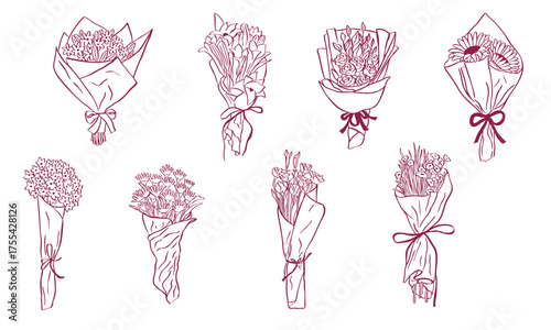 flowers bouquet hand drawn sketch doodle illustration line art  - florist wrap
