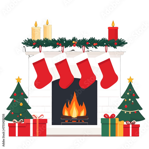 Festive Fireplace with Christmas Decorations Pixel Art Style Red Stockings Gift Boxes Green Pine Trees and Burning Fireplace Logs