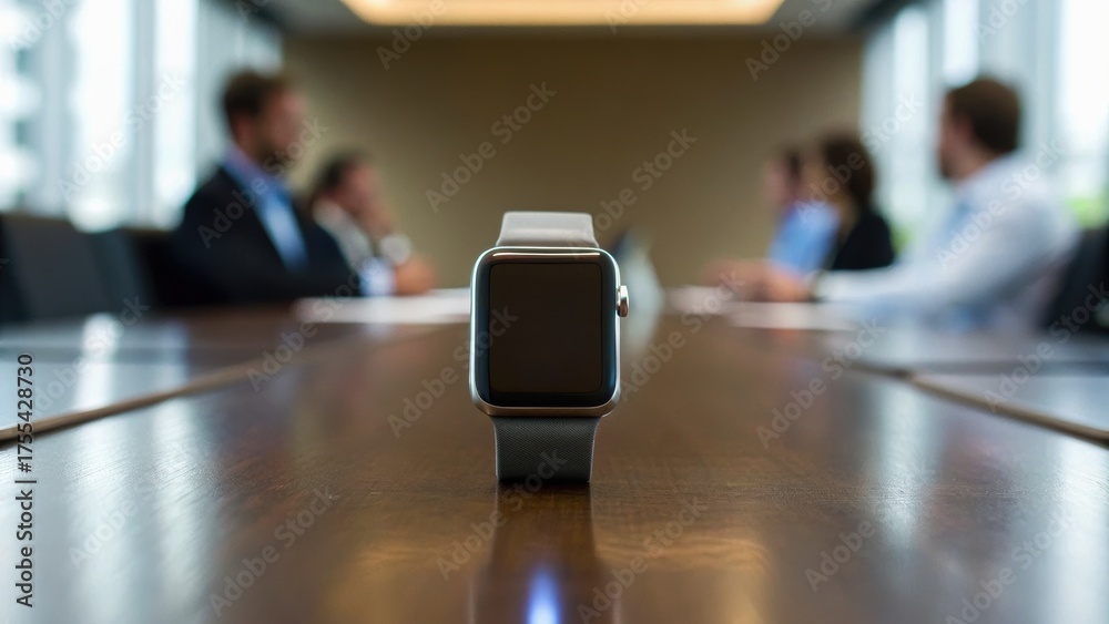 Obraz premium A smartwatch sits on a boardroom table, with blurred professionals in the background engaged in discussion.