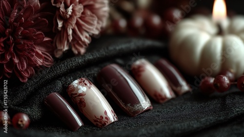 Elegant Autumn Nail Art with Floral Design and Rich Colors
