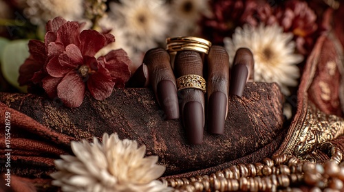 Elegant Brown Nails with Rings Surrounded by Flowers and Fabric