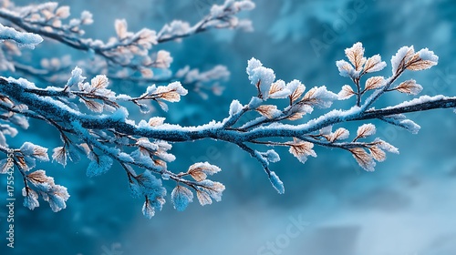 Frosty Branch with Delicate Leaves in Winter Wonderland Scene