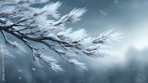 Snow-Laden Tree Branches Against a Wintery Gray Background