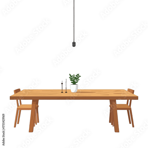 Pixel Art Dining Room Scene with Wooden Table Chairs Plant and Hanging Light Fixture Minimalist Design on White Background