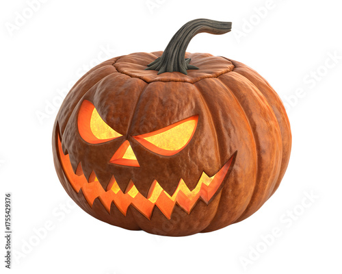 Glowing carved pumpkin with scary face, warm orange light inside, realistic texture