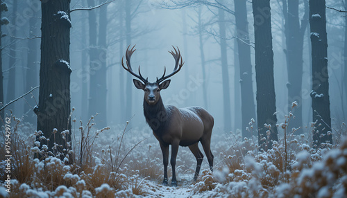 Stag Standing in Snowy Forest Surrounded by Blue Morning Mist