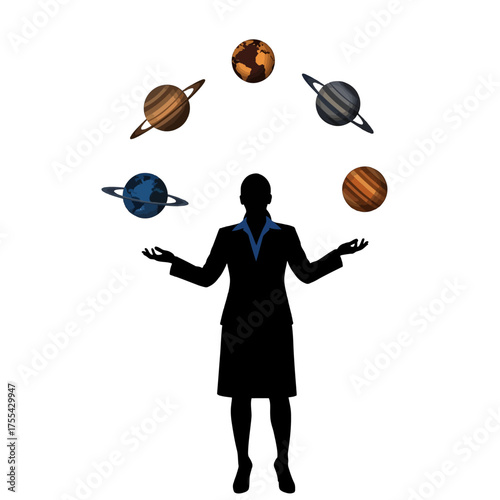 Dark Silhouette of a Woman Juggling Cartoon Planets on White Background Businesswoman Juggling Planets Conceptual Metaphor Vector Isolated Stock Illustration