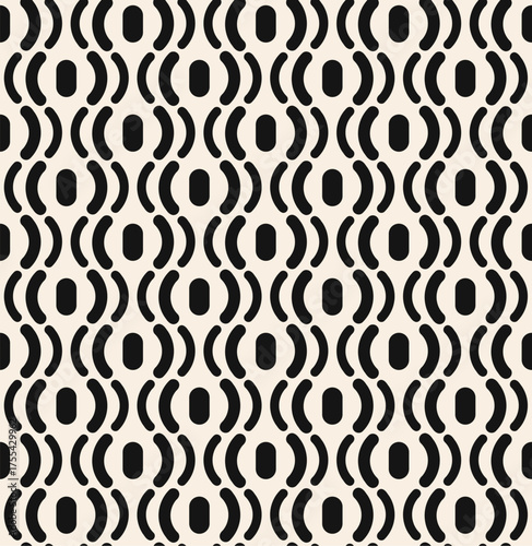 Seamless thick line wavy pattern. Black line pigtails with ovals seamless pattern on beige background. White modern vintage pattern. Vector illustration.