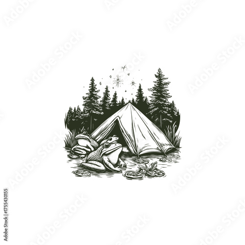 A whimsical black and white hand-drawn illustration featuring two charming frogs camping in a forest at night
